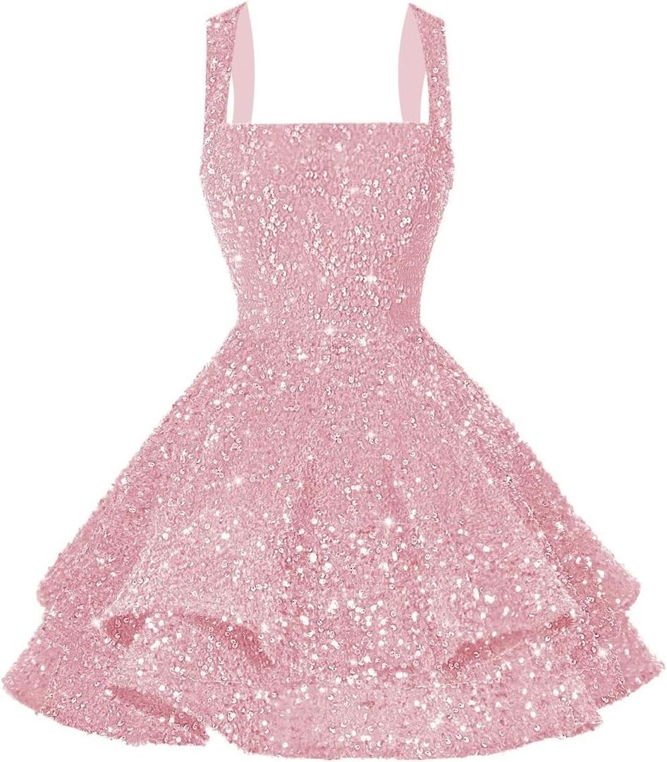 Women's Short Scoop Neck Sequin Homecoming Dresses Sparkly Sweet 16 Photo Tiered Short Cocktail Party Gown DE237 (8, Light Pink)