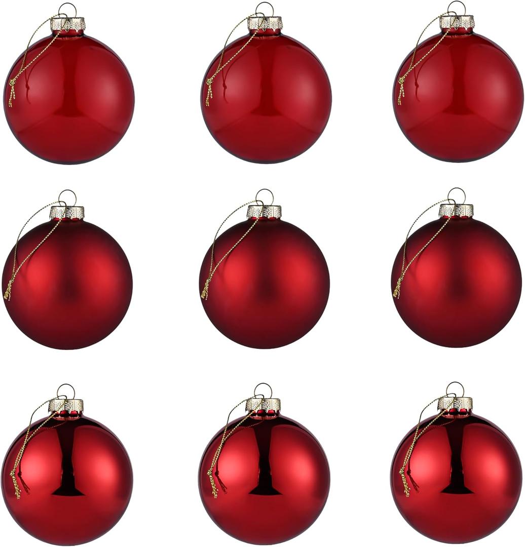 Red Glass Christmas Ball Ornaments, 3.15 Burgundy Ornament for Christmas Tree Set of 9 with 3 Different Finishes, Vintage Xmas Balls for Home Decor, Thanksgiving Party Gift