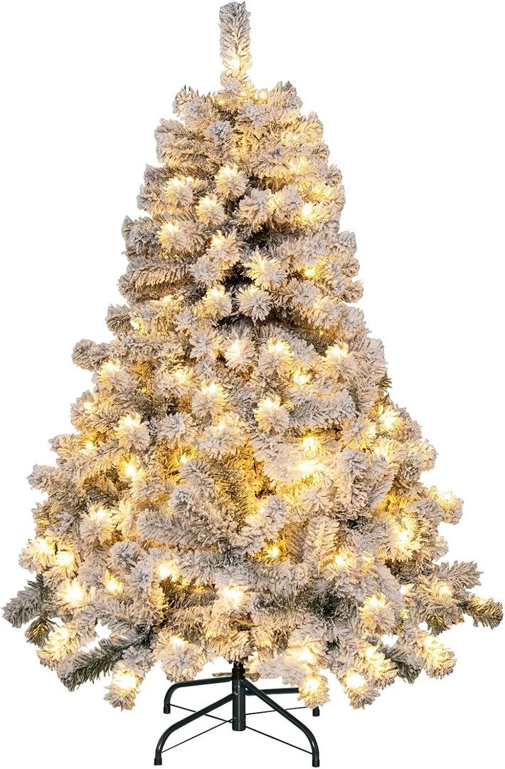 Goplus 4.5 FT Pre-Lit Snow Flocked Christmas Tree, Artificial Hinged Xmas Tree W/ 150 LED Lights, 295 Branch Tips, Non-Flammable PVC Leaves, Metal Stand, Xmas Holiday Decor for Office Home