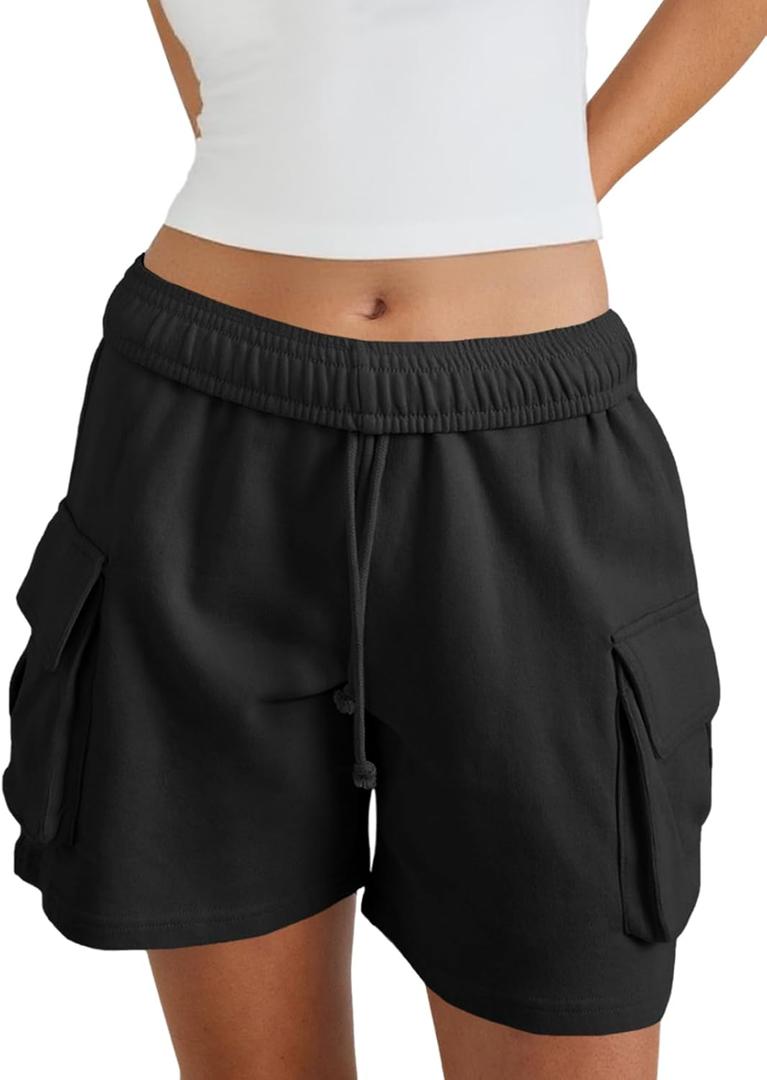 Fisoew Sweat Shorts for Women Casual Summer Drawstring Cargo Short Athletic Running Workout Baggy Shorts (Large, Black)