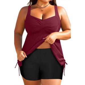 Aqua Eve Women Plus Size Tankini Swimsuit Two Piece Flowy Swimdress Bathing Suits with Shorts (Red, XL)