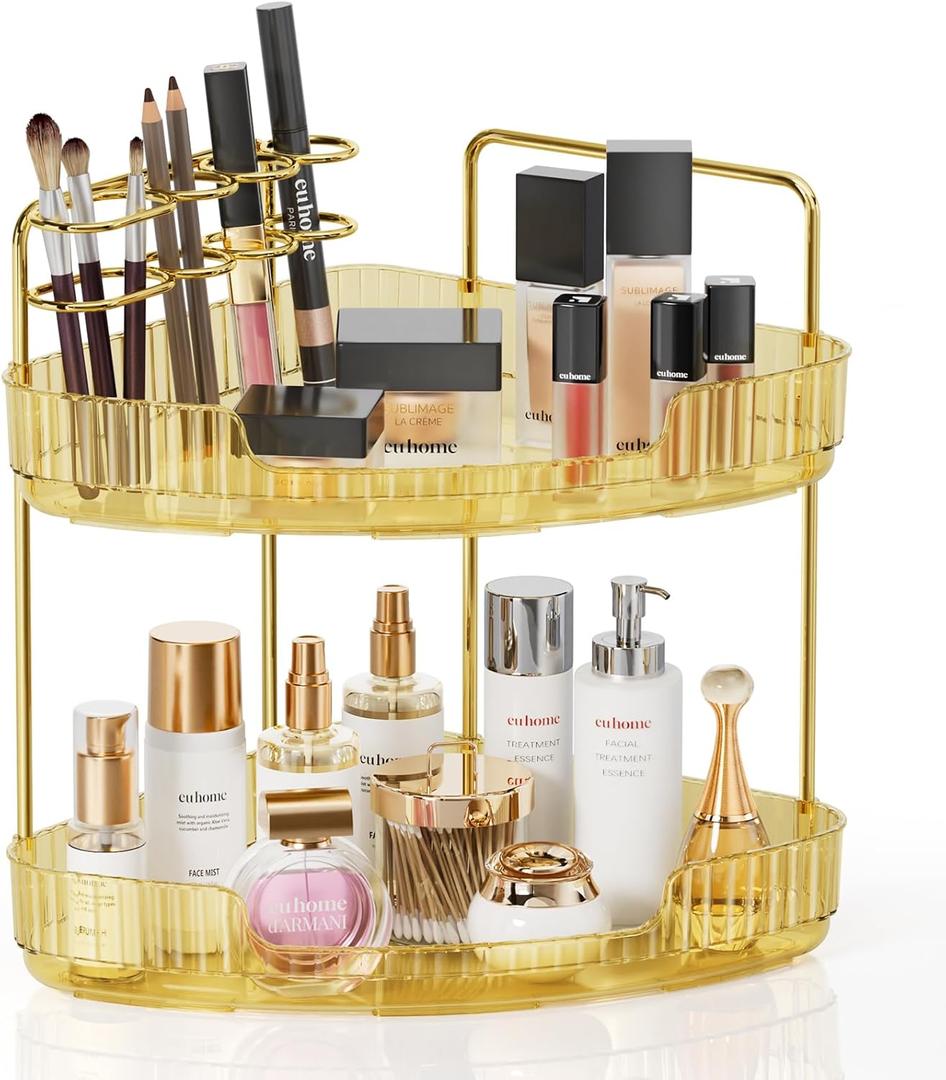 2-Tier Corner Bathroom Counter Organizer Makeup Cosmetic Storage, Tool-Free Installation Acrylic Vanity Shelf, Skin Care Organizer Perfume Tray for Countertop Bathroom, Dresser, Kitchen (Gold) (9" x 9" x 11.8")