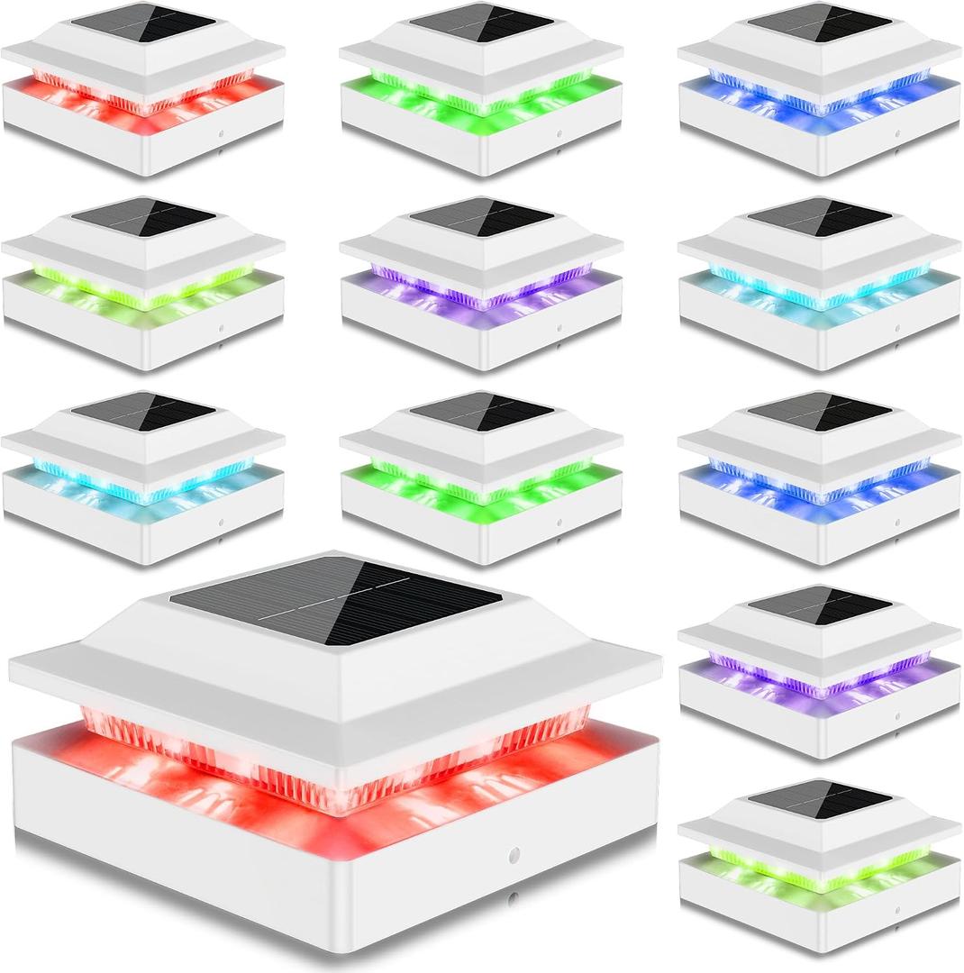 12 Pack Solar Post Cap Lights RGB Color Changing, IP65 Waterproof for 4x4 Wood/Vinyl Posts, Auto On/Off Fence Posts Solars Light for Deck Patio Garden Decoration, White