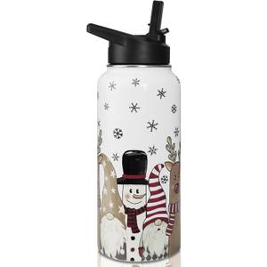 Insulated Christmas Water Bottle 32 oz, Snowman Reindeer Gnome Water Bottle with Straw, Reusable Leakproof Water Bottle Stainless Steel, Christmas Gifts for Women (white brown red)