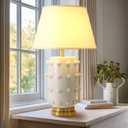 Modern Ceramic Linden Table Lamp - 30" White Ball Farmhouse Design, Classic Nightstand Large Linden Lamp Tapered Drum Shade for Living Room, Bedroom, Office, and Home White