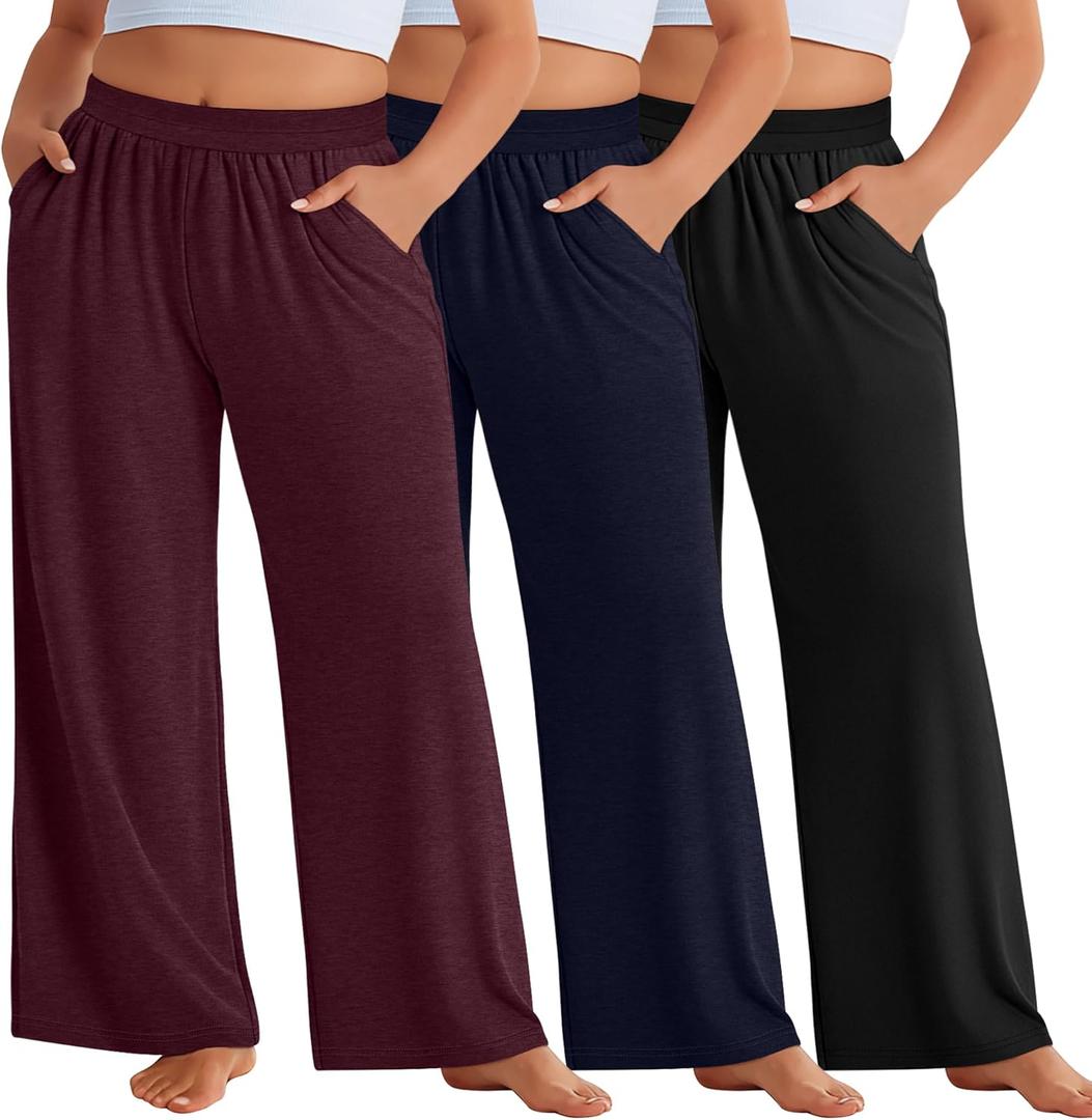 3 Pack Women Plus Size Wide Leg Pants Loose Fit Palazzo Lounge Yoga Sweatpants High Waist Casual Pajamas Pants (5X-Large, Wine Red, Blue, Black)