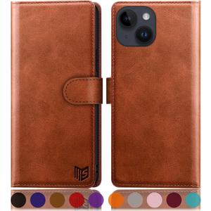 SUANPOT Design for iPhone 15 Plus 6.7" Kickstand Protective Wallet case with RFID Credit Card Holder,Flip Folio Book PU Leather Shockproof Cover Women Men for Apple 15Plus Phone case Light Brown