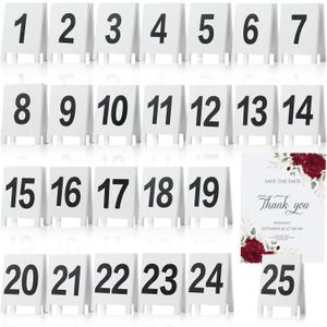 25 Pcs Table Numbers 1-25 Double-sided Wooden Tent Table Numbers Holders Place Card Holder Stands for Wedding Party Event Catering Receptions Banquets Bistro Coffee Shops (White)