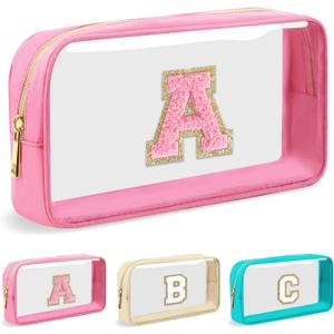 Personalized Initial Letter Clear Makeup Bag,Preppy Small Nylon&PVC Cosmetic Zipper Bag with Chenille Letter,Portable Beach Travel Skincare Toiletry Bag,Trendy Monogram Gift for Teen Girls Women,A