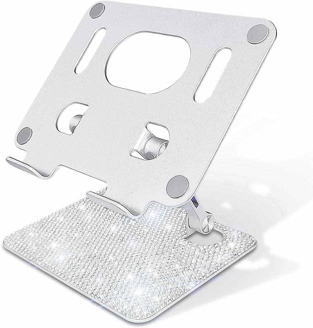 Bling Tablet Holder Stand, Adjustable Aluminum Desktop Stand with Glitter Shine Rhinestone, Compatible with 4.7-16.5" iPads, Surface Tablets, Portable Monitors, Kindle & More(Silver)