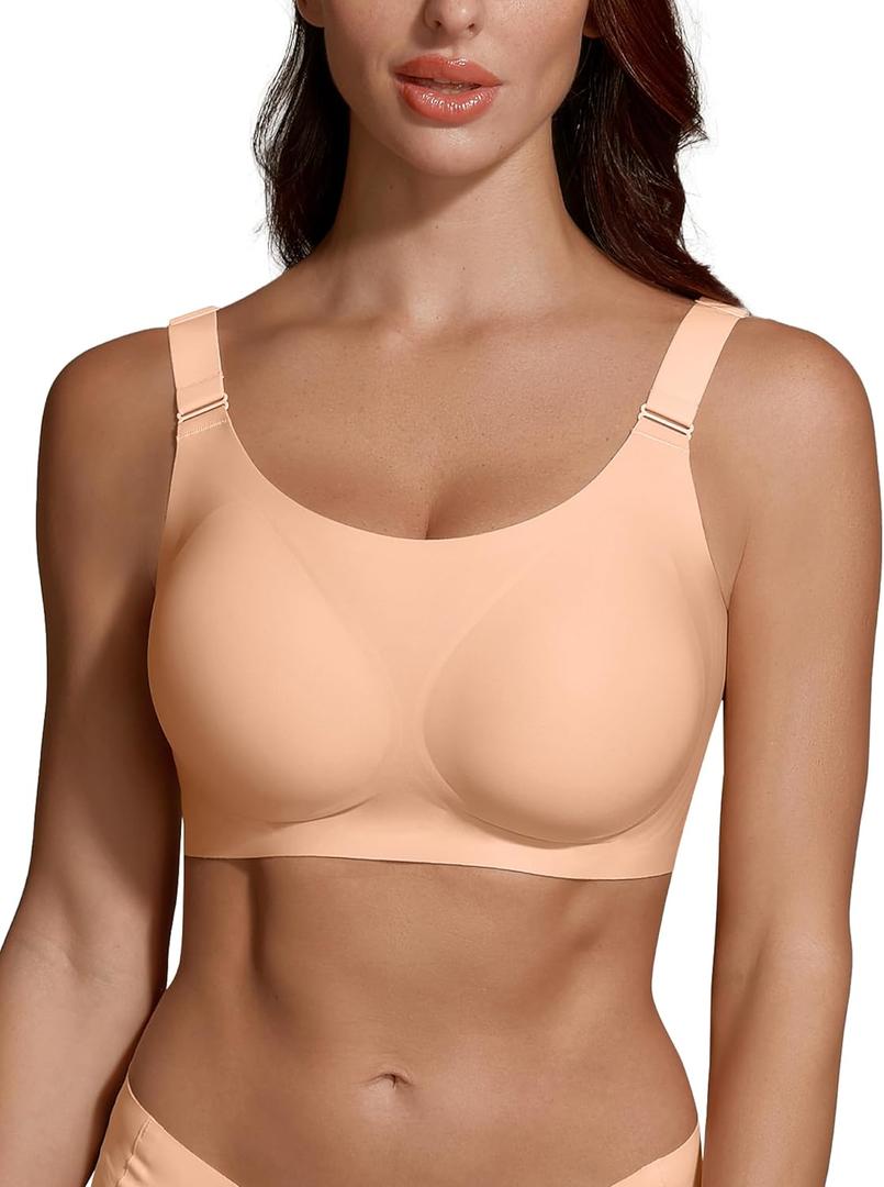 Jelly Wireless Push Up Bra for Women, Seamless Deep V Mesh Bralette, Comfortable Supportive T Shirt Bra No Wire (Beige, XXXL)