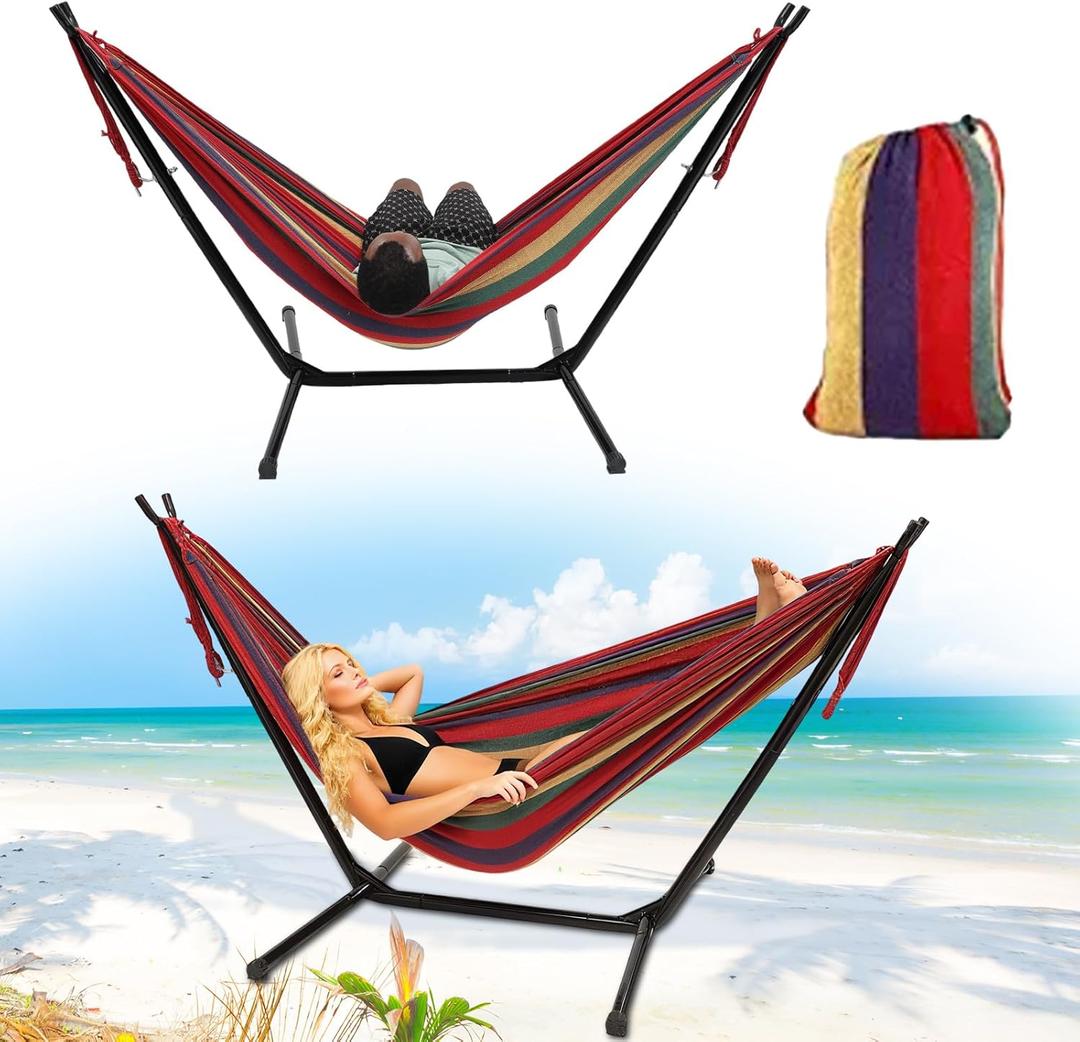 Hammock with Stand for Outside,Stable Space Saving Metal Stand 2 Person 600lbs Weight Capacity Hammock with Carrying Bag for Indoor & Outdoor(Red)