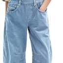 Yoeasy Womens Denim Bib Overalls Barrel Wide Leg Baggy Adjustable Strap Denim Pants Jumpsuits with Pockets (Large, Light Blue