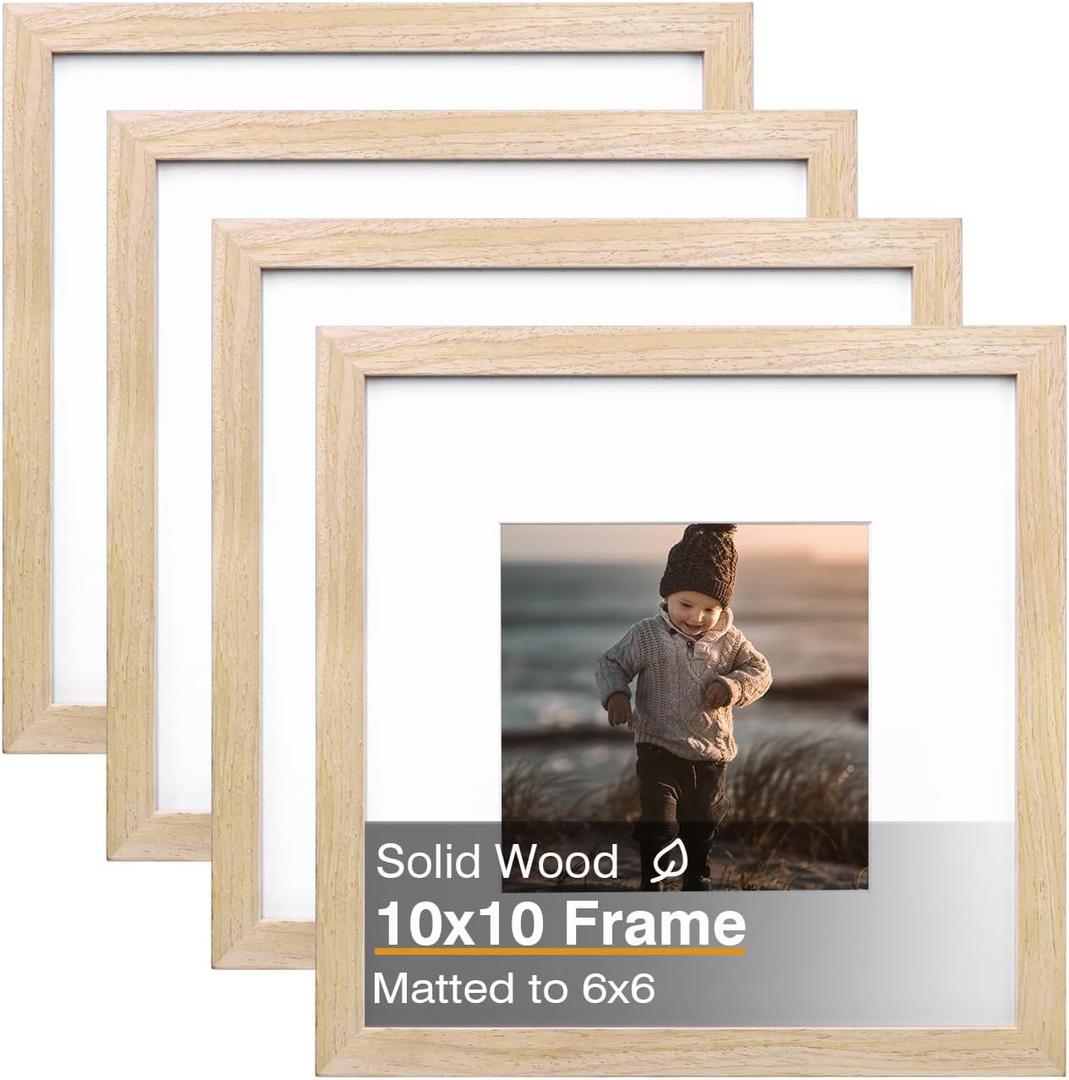 KINLINK 10x10 Picture Frame, Natural Square Solid Wood Frames for Pictures 6x6 with Mat or 10x10 without Mat, Wall and Tabletop Display Photo Frames Natural Wood 4 Pack