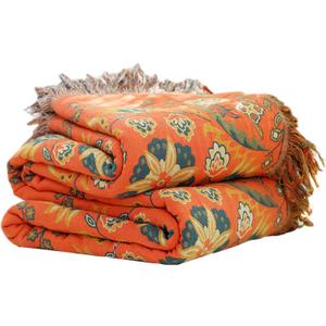 Boho Throw Blanket, 100% Pure Premium Cotton Ultra Soft Farmhouse Reversible Blanket with Tassels for Bed Sofa Couch Chair Bedspread Quilt Decor Gift(80''x 90'') (Bohemian Flower - Orange)