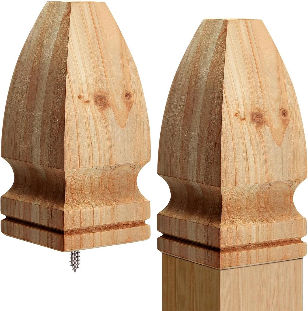 Geetery 2 Pcs 3'' x 3'' x 7'' Wood Gothic Post Cap, Wood Finial, Fence Topper with Screw, Unfinished Decorative Newel Post Cap, Cedar Finial for Indoor Stair Outdoor Fences Mailboxes Decks