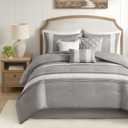 Madison Park Queen Comforter Set, Farmhouse Queen Comforter, Lace & Pintuck Design, Down Alternative, All Season Bedding Set, Bed Skirt, Shams & Decor Pillows, Lacey, Queen, Grey 7 Piece