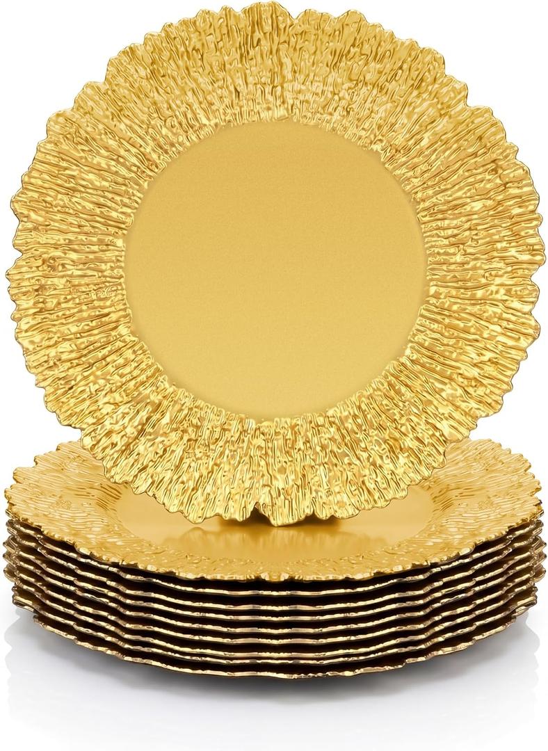 Gold Charger Plates Bulk 10Pcs - 13" Elegant Gold Plastic Chargers for Dinner Plates, Wedding & Event Decorative Charger Plates Set