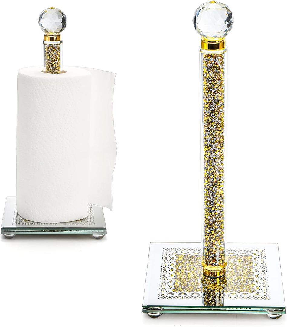 Suwimut Paper Towel Holder, Gold Paper Towel Roll Dispenser Stand Weighted Base Non Slip Filled with Sparkly Crystal Crushed Diamond House Decor for Home Kitchen Countertop Tabletop