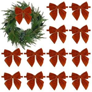 AIMUDI Orange Velvet Bows for Christmas Trees 4" Christmas Bows for Gift Wrapping Premade Bows for Wreaths, Holiday Crafts, Garlands, Staircase, Home Outdoor Winter Decorations, 12 PCs