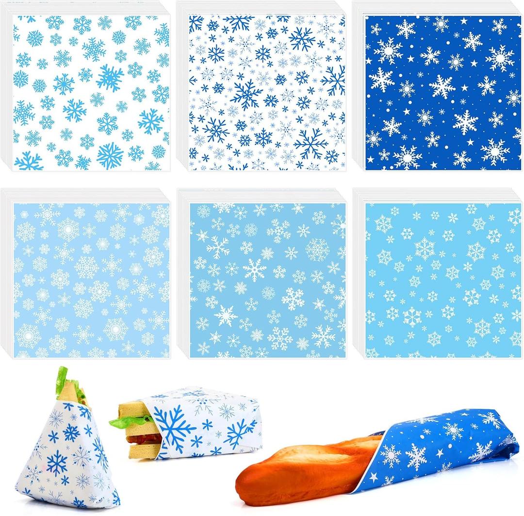Reallnaive 600 Pcs Christmas Wax Paper Sheets 12 x 12 Inch Winter Snowflake Parchment Deli Tissue Paper Sandwich Wrapping Sheets Food Basket Liners for Kitchen Restaurant Baking Supplies, 6 Styles