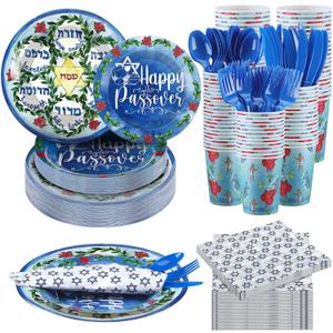 FillTouch 168 Pcs Passover Party Goods Supplies for 24 Guests, Include Paper Plates Cups Napkins Plastic Knives Forks Spoons Seder Tableware Set for Passover Family Party(Classic)