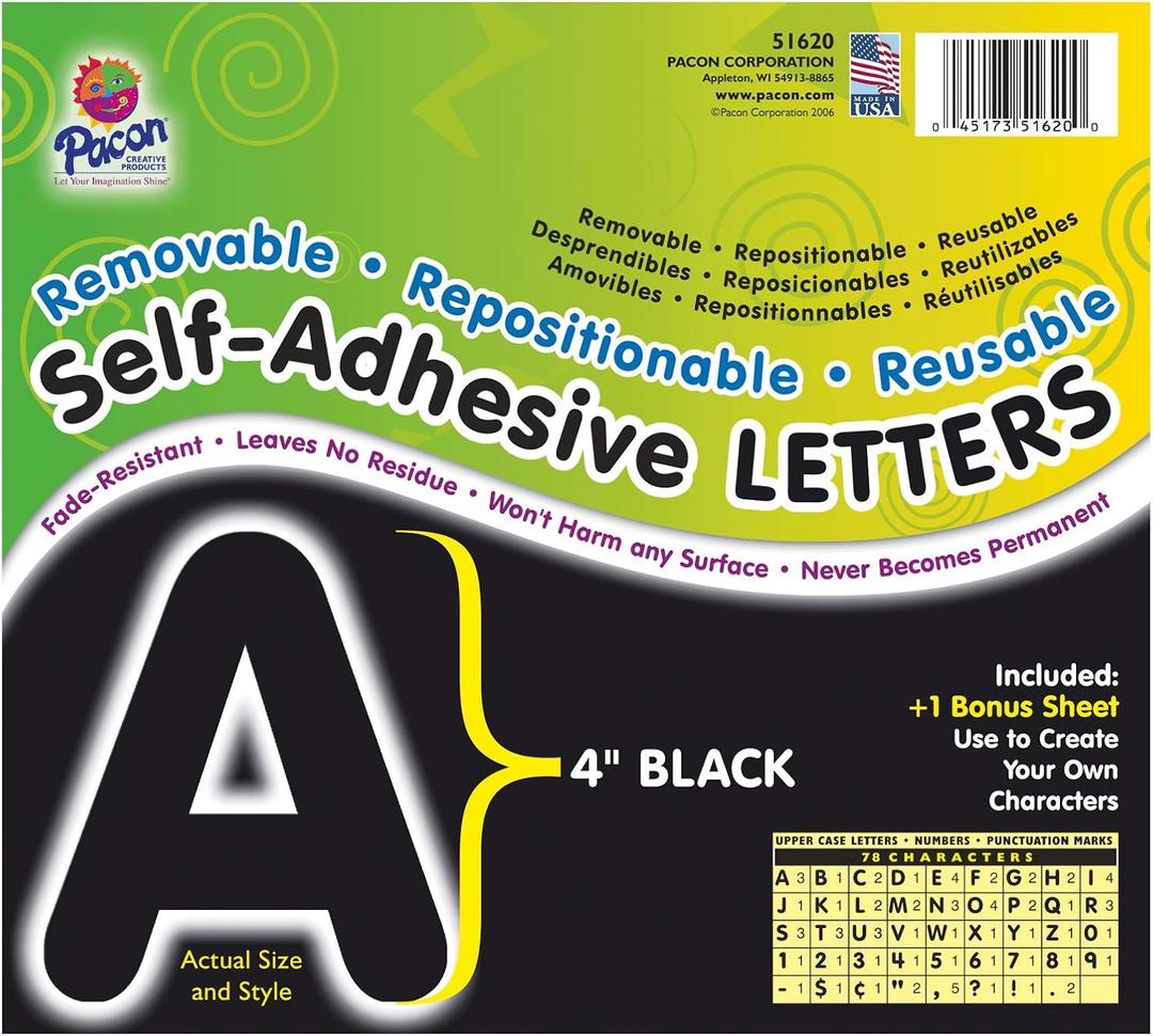 Pacon PAC51620 Self-Adhesive Letters - Removable, Repositionable, Reusable, 4", Black, 78 Pieces