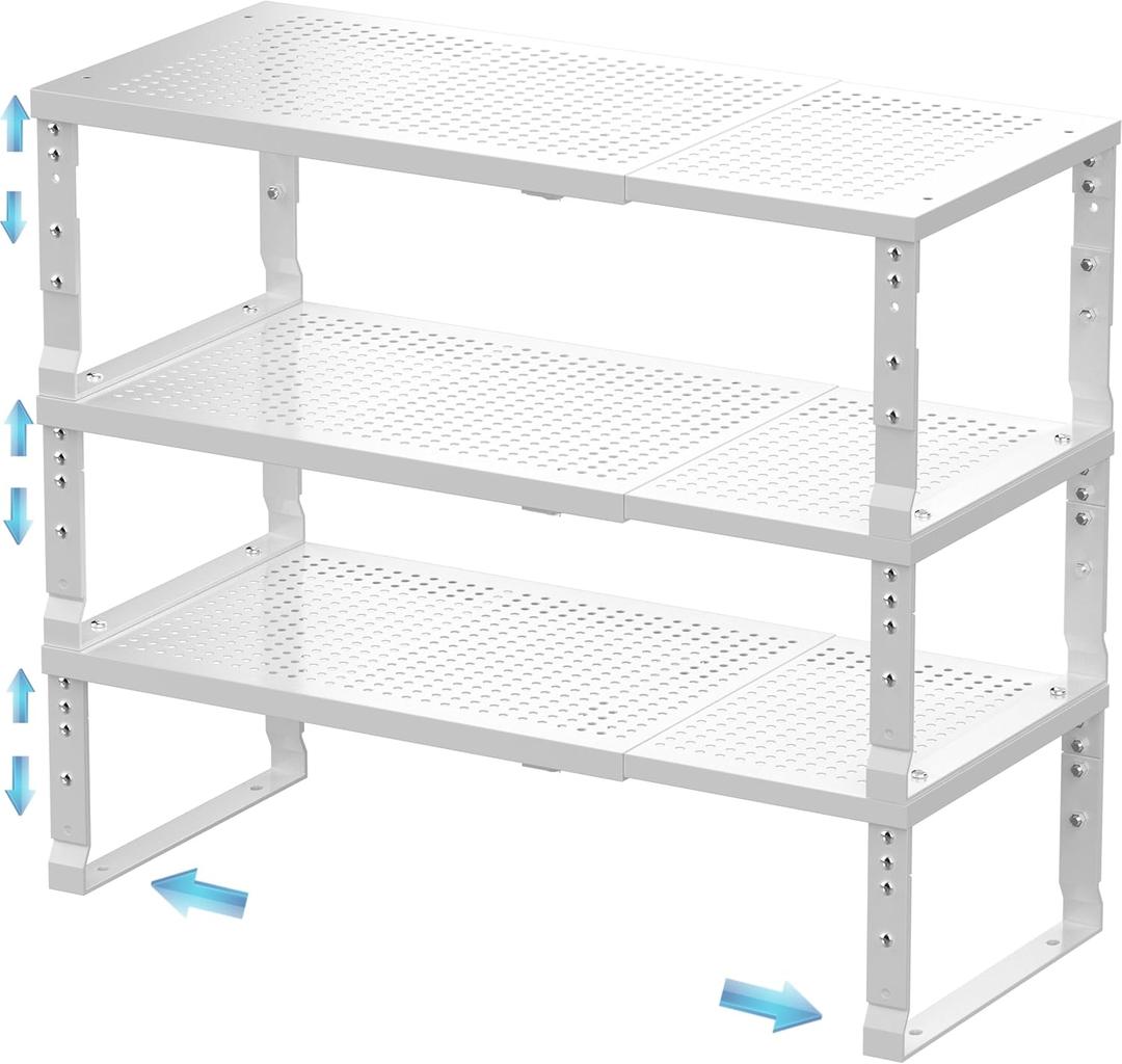 Expandable Spice Rack & Kitchen Cabinet Organizer - Stackable, Adjustable Shelves for Cabinets, Countertops, Cupboards & Pantries(3 Packs/Medium/White) (Medium:7.8"D x 16.5"W x 6.2"H)
