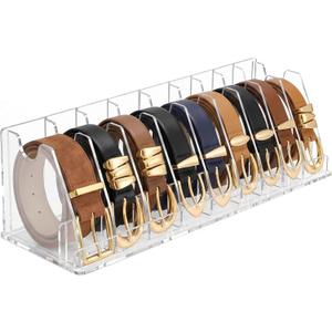 Acrylic Belt Organizer - Clear Belt Storage Holder for Closet with Removable Dividers - 9 Compartments and Display Stand