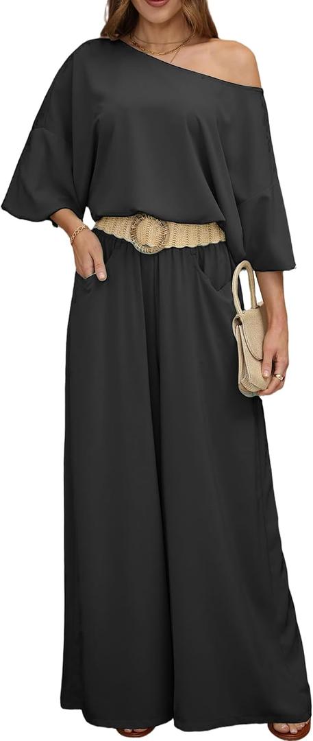 2-Piece Sets for Women Flowy Wide-Leg Pants with Elegant Off-Shoulder Lantern Sleeve Blouse Set (Black, XXL)