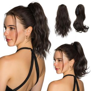 2 PCS Ponytail Extensions Claw Clip Short Pony Tails Wavy Curly Synthetic Hairpieces for Women 12 Inch + 14Inch Set Dark Brown