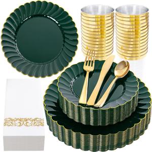 YOUBET 175PCS Green Scalloped Plastic Plates - Green and Gold Disposable Dinnerware Set Include 50 Plates, 75 Gold Silverware, 25 Cups, 25 Napkins for Party & Wedding