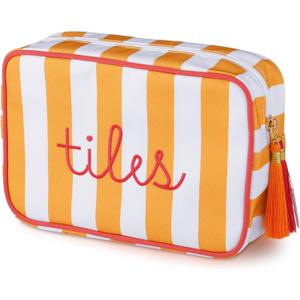 Sanwuta Mahjong Tile Bag with Zipper, Striped Embroidered Mahjong Storage Pouch Mah Jong Bags for Tiles Board Game Pieces Game Party Travel Gatherings Accessories(Orange,Classic)
