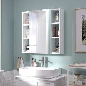 Bathroom Cabinet with Mirror, Wall Cabinet with 2 Mirrored Doors, Adjustable Shelf, Open Compartment, Wall-Mounted, 24x24 Inches, White (Assembly Required), W24 x H24 - 1 Door