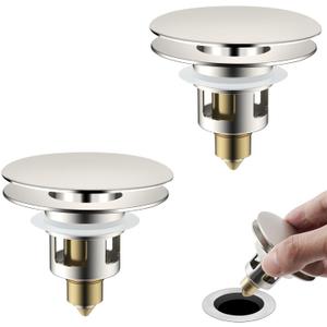 Universal 2PCS Bathroom Sink Stopper 2 in 1 Pop Up Metal Sink Drain Strainer with Hair Catcher, Fit for 1.1~2.36" Sink Basin Hole, Big Cover Cap, Anti-clog, Brushed Nickel