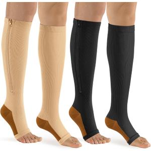 bropite Zipper Compression Socks Women & Men - 2Pairs Calf Knee High 15-20mmHg Open Toe Compression Stocking suit for Walking (XX-Large, Black/Beige Copper Open Toe)