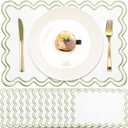 Linen Placemats Set of 12 Scalloped Placemat 13 X19 Wavy Embroidery Double Layered Washable Farmhouse Dinner Fabric Table Mat Napkin for Wedding Party Christmas Hotel Restaurant(Grass Green)