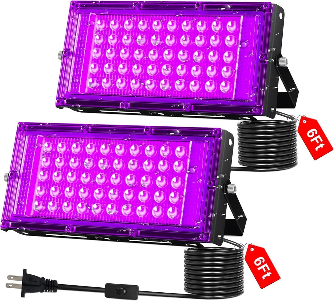 50W LED Black Light IP66 Waterproof,Outdoor Blacklight Flood Light with Plug+Switch+Cord, for Halloween Neon Glow in The Dark Party Body Paint Fluorescent Poster Classroom Club Dance Party, 2 Pack