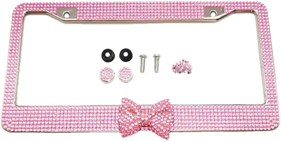 Glitter Rhinestones Crystal Sparkly Pink License Plate Frames Holder with Bow Premium Stainless Steel Covers for Women