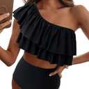 VIMPUNEC Ruffle One Shoulder Swimsuits for Women Striped High Waisted Two Piece Bathing Suits (Black, S)