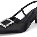 Coutgo Womens Slingback Low Kitten Heels Pumps Closed Pointed Toe Rhinestone Wedding Dress Shoes, 7.5, Black