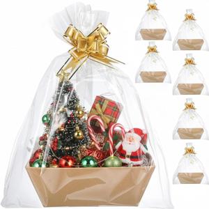 Mimorou 6 Pack Baskets for Gifts Empty To Fill, Kraft Empty Gift Basket Kit Bulk with Handle 6 Wrap Bag 10 Pull Bow DIY for Christmas Wedding Birthday Party Holiday(Gold,Classic Style)