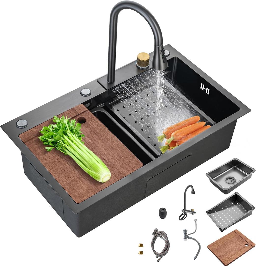 30Inch Kitchen Sink with Faucet Combo Waterfall Black Stainless Steel Waterfall Sink Kitchen Countertop Multi-Functional Sinks Farmhouse Undermount or Countertop Drop in, 30x18 inches