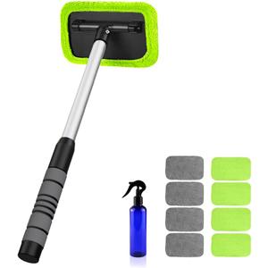 XINDELL Windshield Cleaning Tool for Car Extendable Handle Window Cleaner with Reusable Microfiber Pads, Streak-Free Interior & Exterior Auto Glass Cleaner (Green)