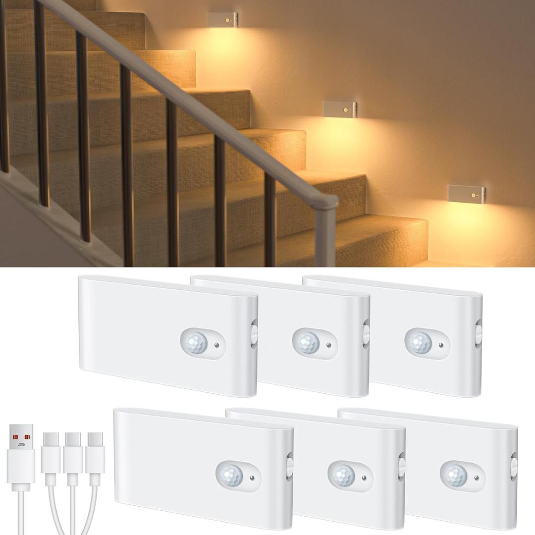 WILLED Motion Sensor Night Light, Rechargeable Stair Lights Indoor, Warm White Motion Sensor Light Indoor, Battery Operated Night Light for Hallway, Stairway, Bathroom, Bedroom, Kitchen, 6 Pack