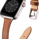 STIROLL Slim Leather Bands Compatible with Apple Watch Band 38mm 40mm 41mm 42mm(Series 11 10), Top Grain Leather Watch Thin Wristband for iWatch SE 9 8 7 6 5 4 3 2 1 (Brown Starlight Silver)