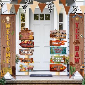 Moukeren 14 Pcs Western Party Decorations West Cowboy Banners Wild West Banners Yee Haw Directional Sign Welcome Cowboy Banner Rodeo Country Party Decor for Birthday Western Decorations
