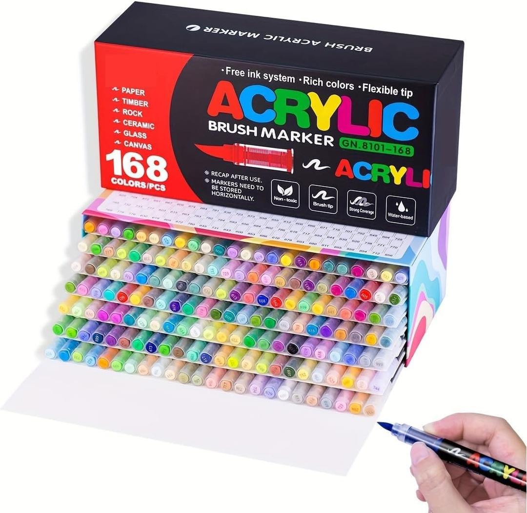 Acrylic Paint Pens, Soft Brush Tip Acrylic Paint Markers, 168 Colors Acrylic Markers for Canvas, Rock Painting, Wood, Stone, Glass, Ceramic, Fabric Painting, DIY Crafts