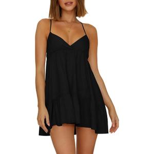 Womens V Neck Crisscross Backless Dresses Tie Back Sleeveless Ruffle Hem Flowy Swing A-Line Vintage Summer Mini Dress S