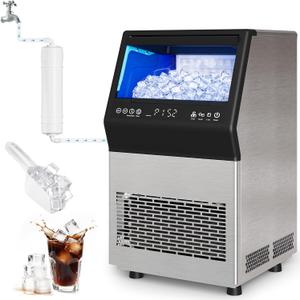 Commercial Ice Maker Machine, 110Lbs/24H Stainless Steel Undercounter Freestanding Ice Maker with 12Lbs Storage Capacity, Self-Cleaning, LED Digital Display, 45 Ice Cubes 8Mins, Home/Bar/Restaurant
